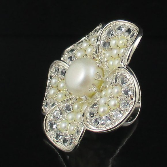 Cultured Pearl & White Topaz Flower Ring - Picture 6 of 10